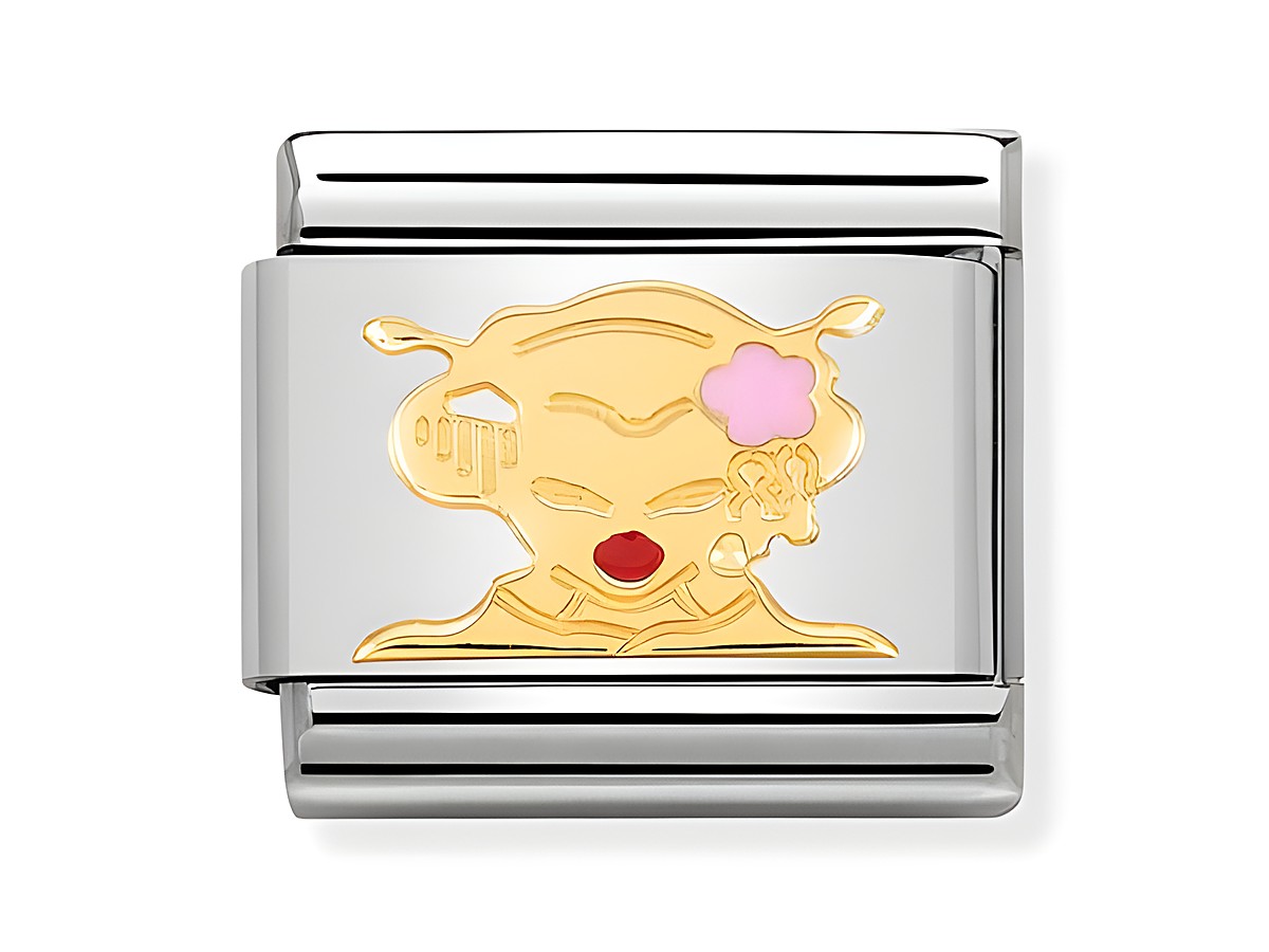 Die Schmuckplatte zeigt das stilisierte Gesicht einer Geisha, gefertigt aus Emaille und Gold auf einem silbernen Hintergrund, ideal für ein modisches Armband.