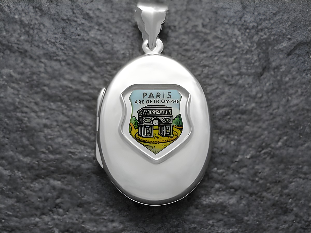 Silberne Medaille mit Abbildung des Triumphbogens in Paris, umgeben von farbiger Gestaltung, hergestellt von Juwelier Harnisch, Europa Medaillons.