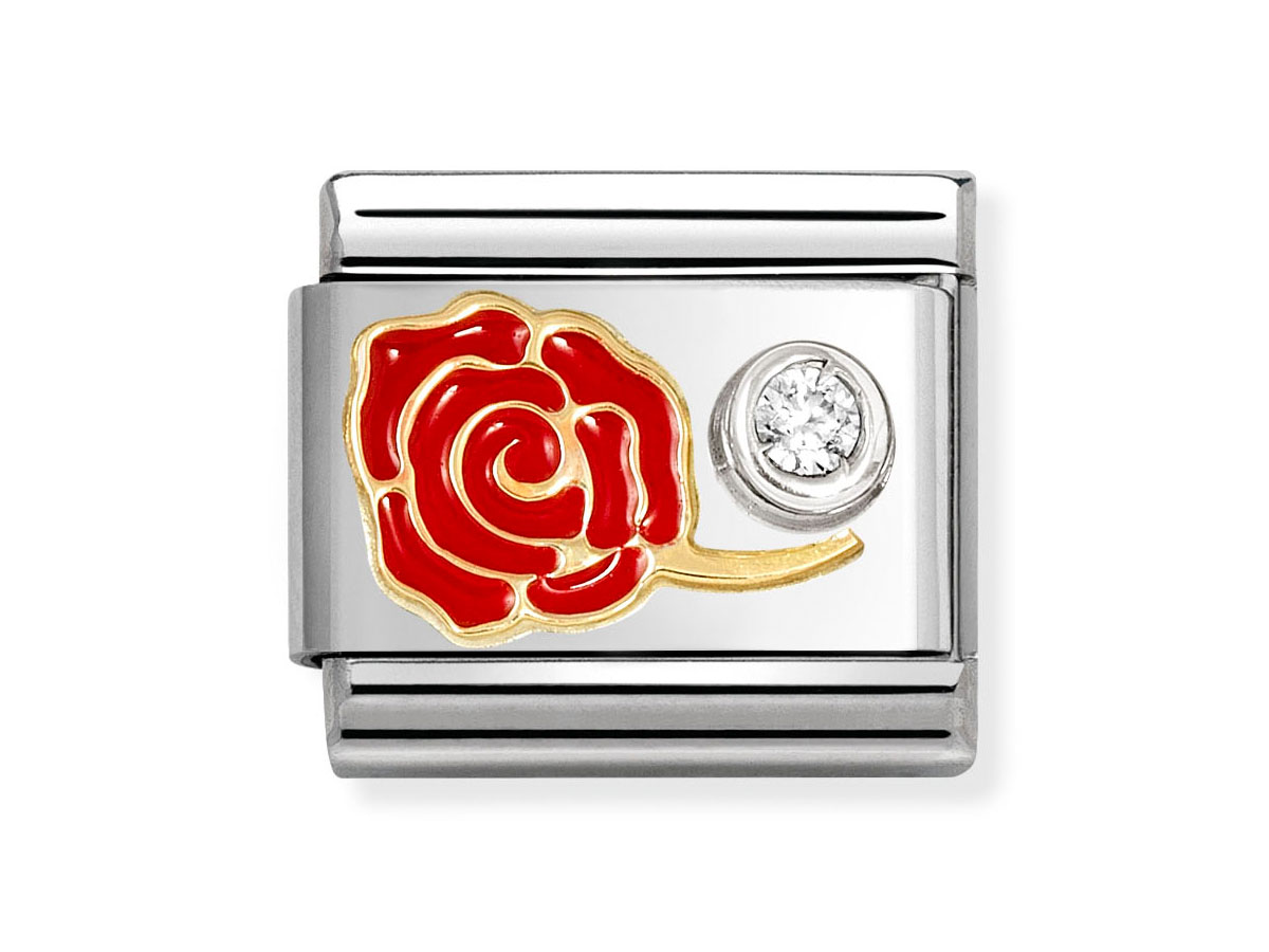 Ein elegantes Schmuckelement aus Sterling Silber mit einer roten Emaille-Rose und einem weißen Zirkonia, umrahmt von einer Fassung aus 585 Gelbgold, stilvoll und feminin.