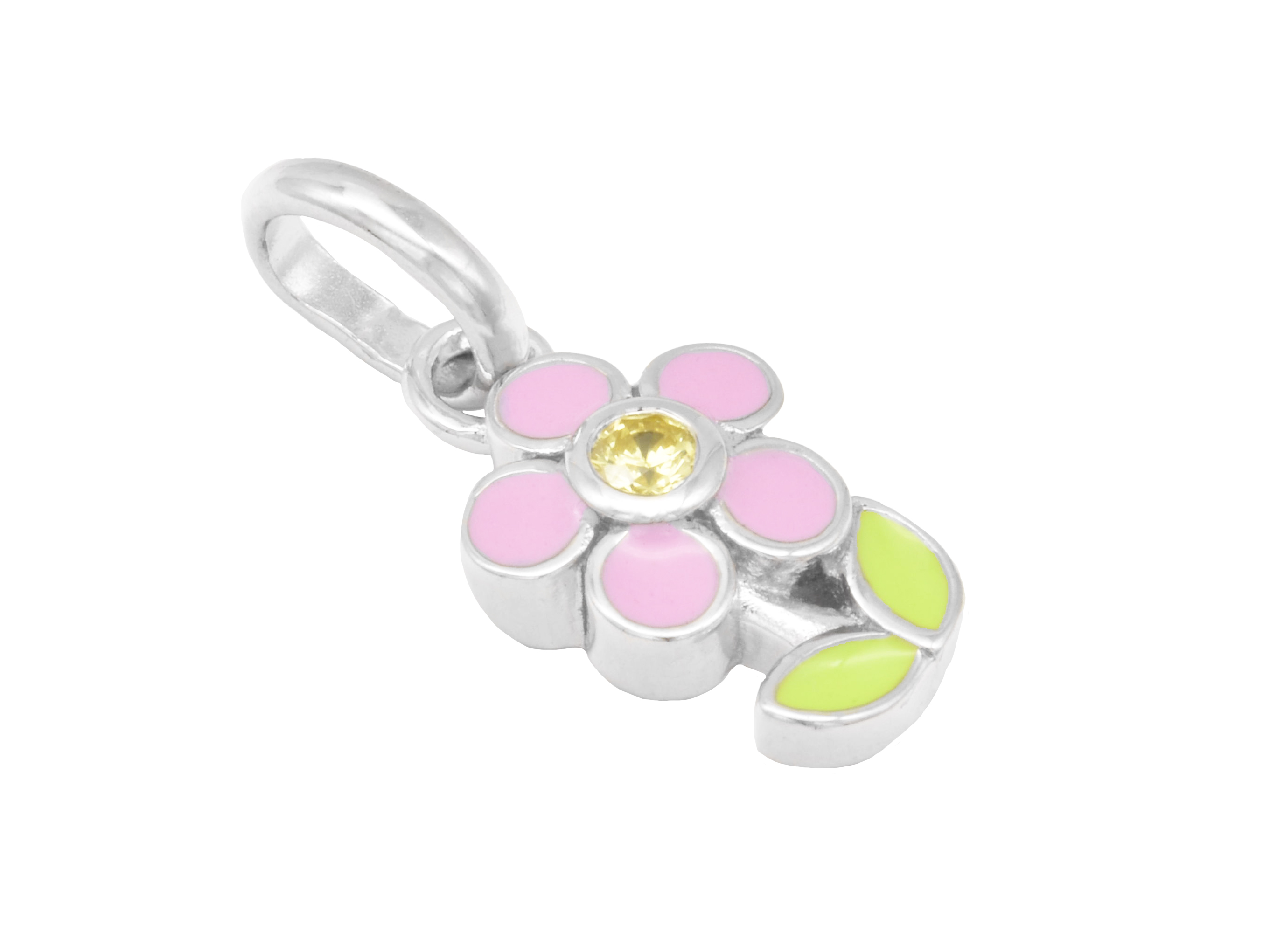 Blumen Anhänger aus rhodiniertem Sterling Silber, poliert, mit rosa und grüner Lackierung sowie einem gelben Zirkonia, ideal für Kinder, Hersteller Juwelier Harnisch.