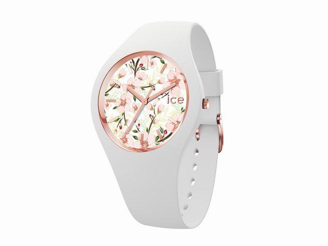 Die Ice-Watch ICE flower in White sage hat ein florales Ziffernblatt mit rosa und grünen Akzenten sowie ein weißes Armband und ein rosegoldenes Gehäuse. Ideal für modische Akzente.
