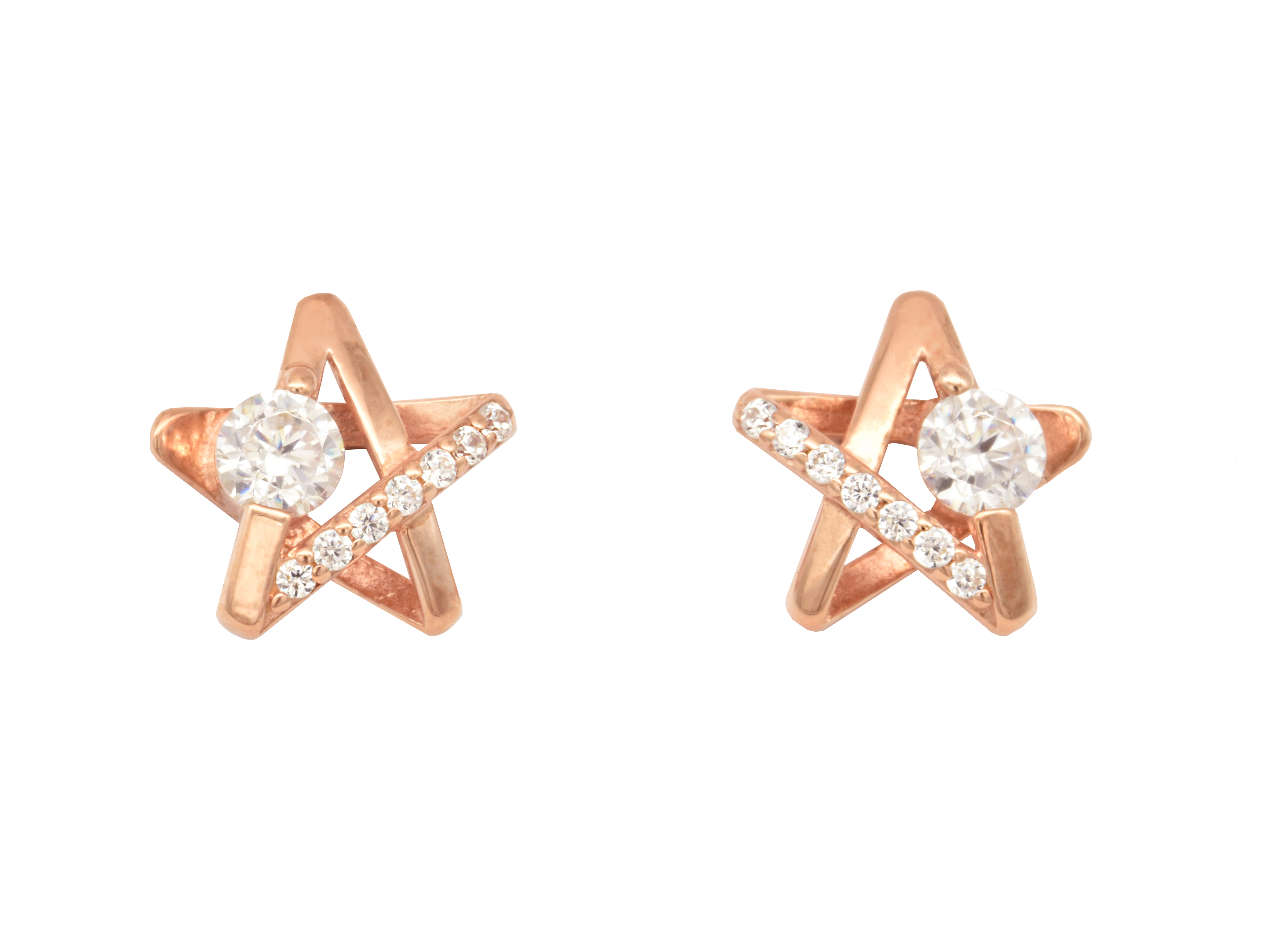 Silber Ohrringe Ohrstecker in Sternform aus vergoldetem Sterling Silber mit polierter Oberfläche und Zirkonia, gefertigt vom Juwelier Harnisch in Roségoldoptik.