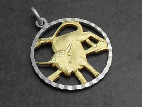 Stier 925 Sterling Silber Sternzeichen mit Vergoldung, hervorgehoben durch ein detailreiches Design eines Stiers in einem kreisförmigen Anhänger, geschaffen von Juwelier Harnisch.