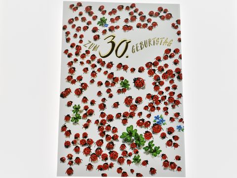Geburtstagskarte mit Marienkäfern, dekoriert mit grünen Pflanzen und blauen Blumen, mit der Aufschrift zum 30. Geburtstag, Hersteller Juwelier Harnisch, ideal für besondere Anlässe.