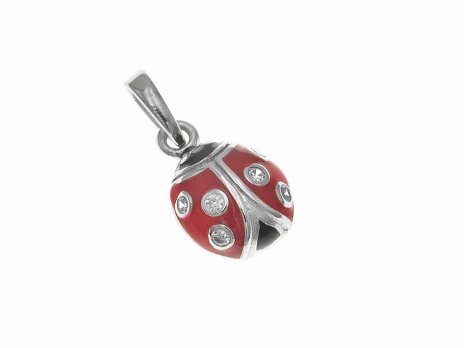 Sterling Silber Anhänger in Marienkäfer-Design, poliert und rhodiniert, verziert mit Zirkonia und pink-schwarzem Lack, geeignet für Kinder, Hersteller Juwelier Harnisch.