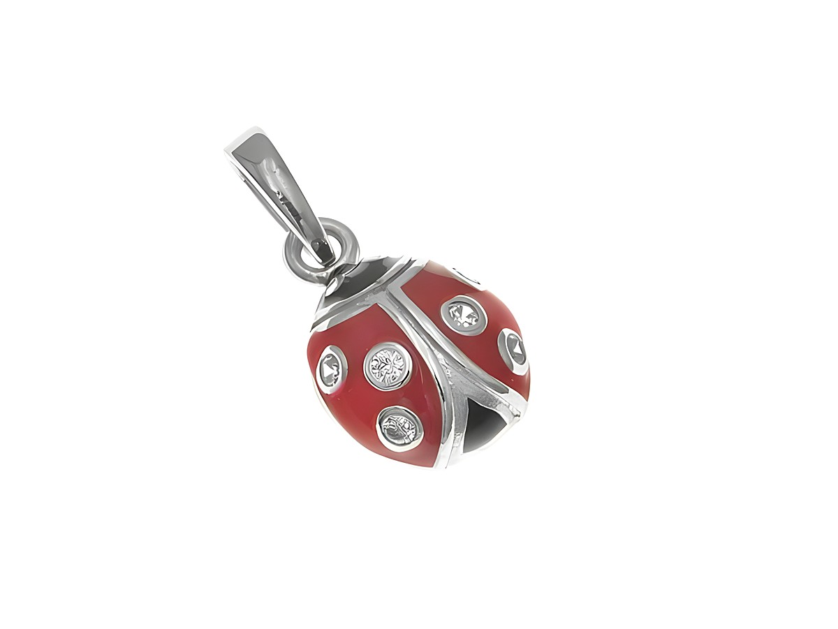 Sterling Silber Anhänger in Marienkäfer-Design, poliert und rhodiniert, verziert mit Zirkonia und pink-schwarzem Lack, geeignet für Kinder, Hersteller Juwelier Harnisch.