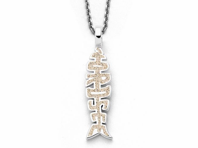 DUR Anhänger in Form eines Fischgrätenmotivs, gefertigt aus rhodiniertem Sterling Silber, mit glitzernden Oberflächenakzenten, an einer zarten Kette.