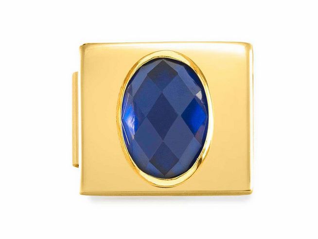 Charms Gelbgold von Nomination mit einem facettierten blauen Zirkonia in ovaler Form, eingebettet in einen glänzenden gelbgoldenen Rahmen, ideal für Schmuckliebhaber.