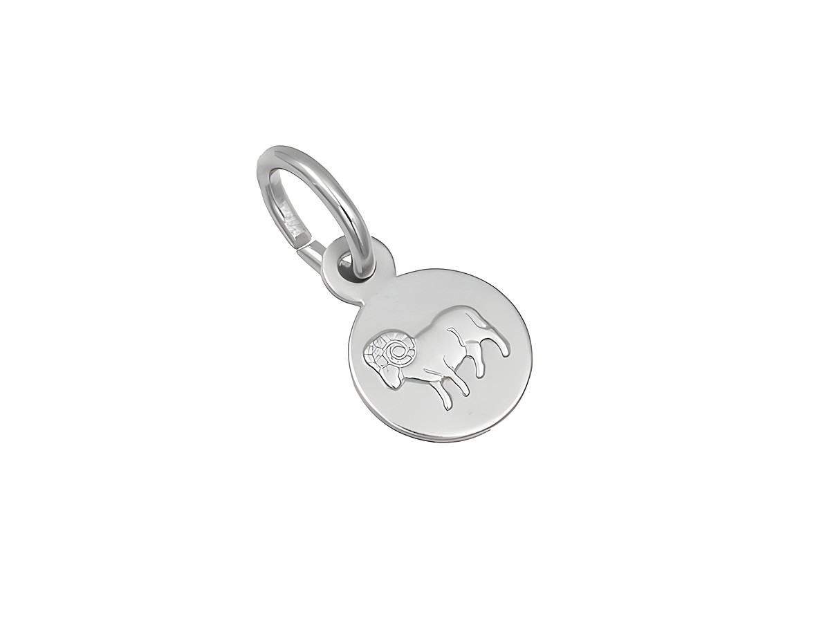 Silber Anhänger mini Sternzeichen Widder teilmattiert rhodiniert rund von Juwelier Harnisch mit einem detaillierten Widdermotiv auf der Vorderseite.