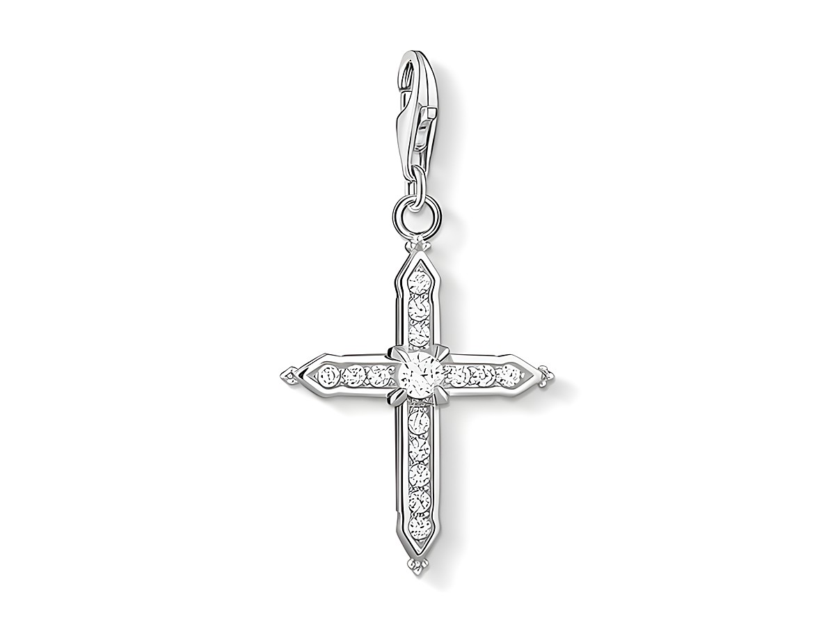 Charm-Anhänger in Form eines Kreuzes aus Sterling Silber mit Zirkonia, detailreiche Verarbeitung und glänzende Oberfläche, ideal für religiöse Anhänger und als modisches Accessoire.