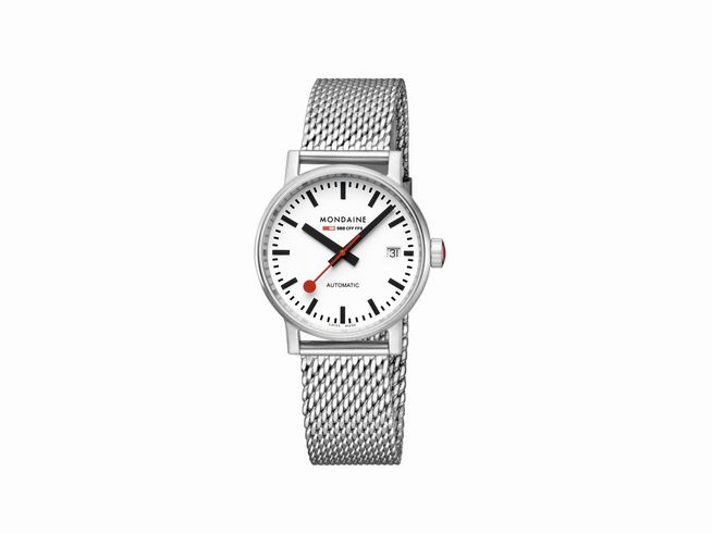 Mondaine evo2 Automatik MSE.35610.SM Armbanduhr mit 35 mm Gehäuse, weißem Ziffernblatt, roten Akzenten und einem eleganten Edelstahl-Mesh-Armband. Ideal für stilbewusste Träger.