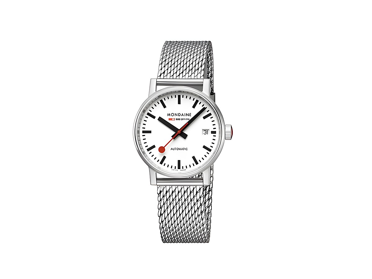 Mondaine evo2 Automatik MSE.35610.SM Armbanduhr mit 35 mm Gehäuse, weißem Ziffernblatt, roten Akzenten und einem eleganten Edelstahl-Mesh-Armband. Ideal für stilbewusste Träger.