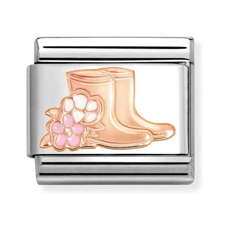 Nomination Composable Classic Charm Gummistiefel mit Blumen - Edelstahl, Gold 375 Roségold, Emaille