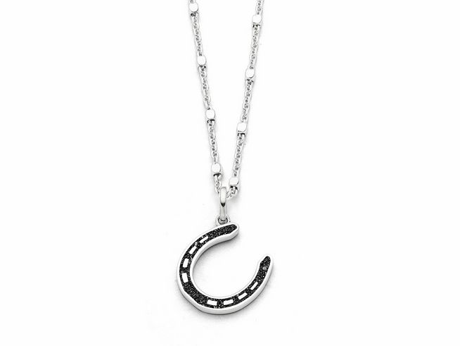 DUR Anhänger Pferdeglück aus rhodiniertem Sterling Silber mit Hufeisen-Anhänger und Lavasand-Detail, an einer eleganten Kette, perfektes Schmuckstück für Pferdefreunde und Liebhaber.