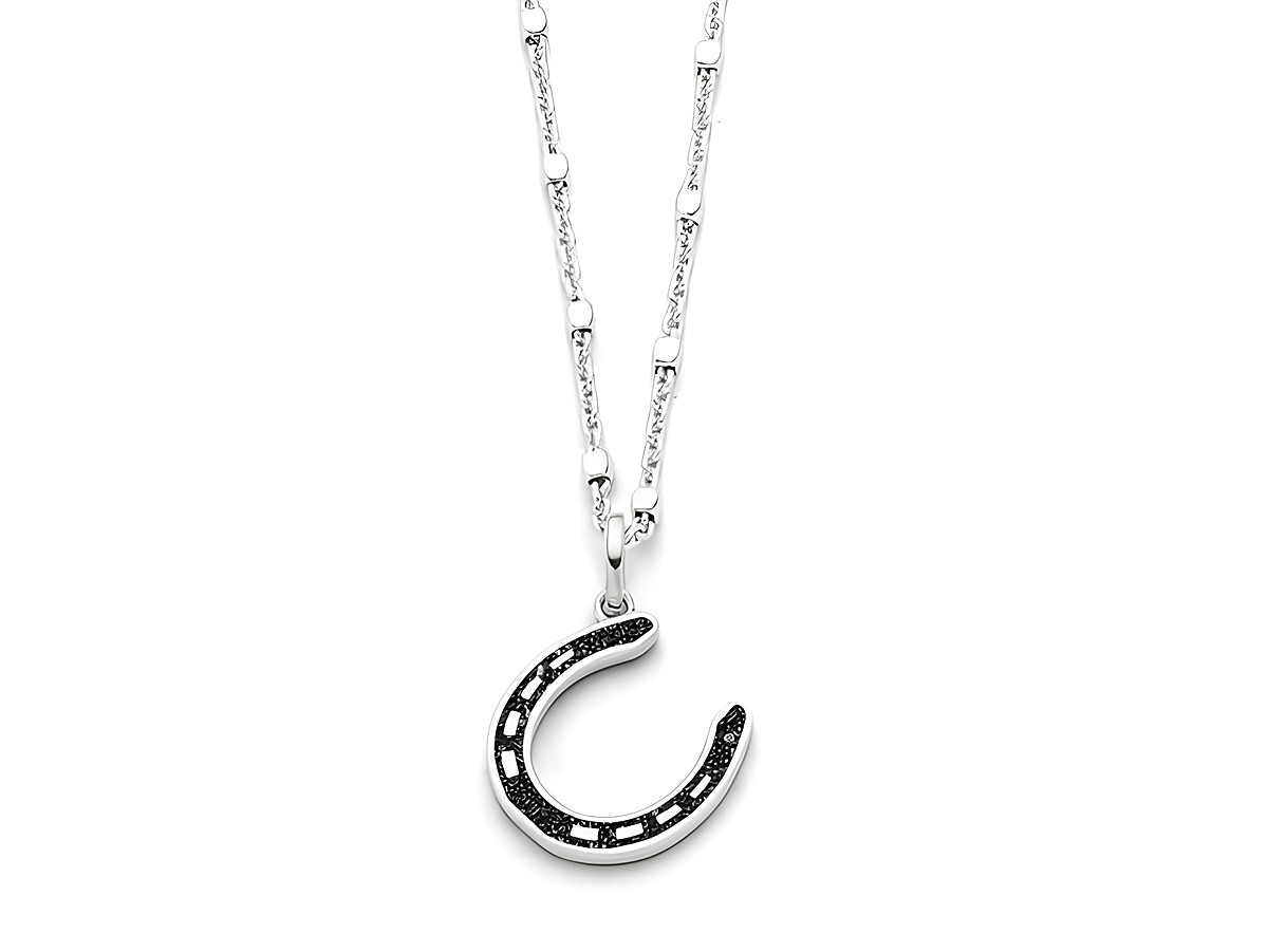 DUR Anhänger Pferdeglück aus rhodiniertem Sterling Silber mit Hufeisen-Anhänger und Lavasand-Detail, an einer eleganten Kette, perfektes Schmuckstück für Pferdefreunde und Liebhaber.