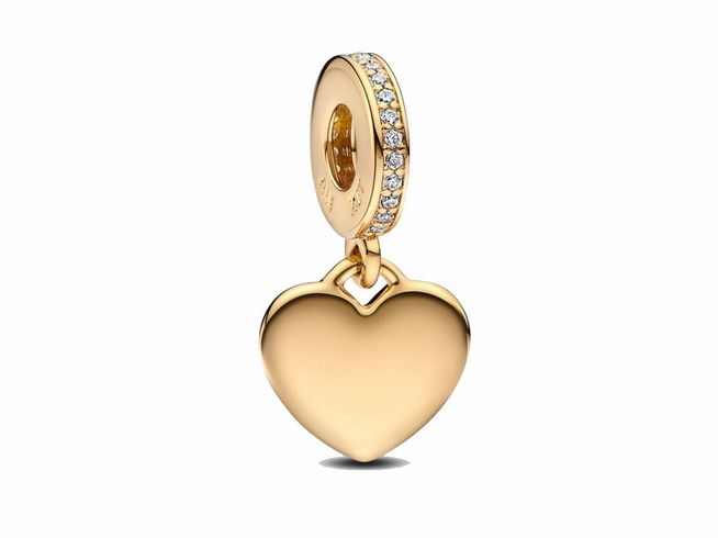 Charm-Anhänger in Form eines gravierbaren Herzens aus Gelbgold mit Zirkonia-Verzierung an der Öse, einseitig glänzend und elegant gestaltet, ideal für persönliche Gravuren.