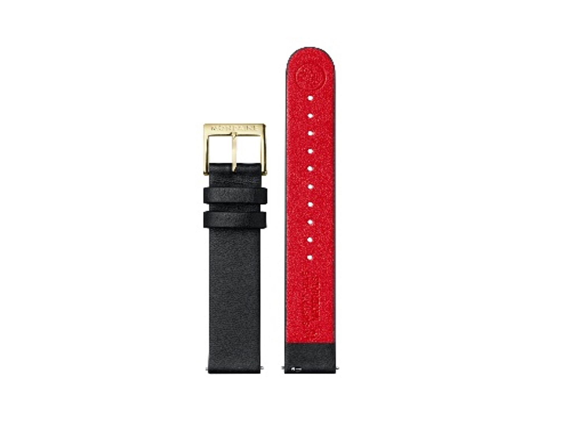 Das Bild zeigt das Mondaine Uhrenarmband FGM.3116.21R.K aus veganem Traubenleder in Schwarz mit einem goldenen Schnallenverschluss und einer roten Innenseite, 16 mm breit.