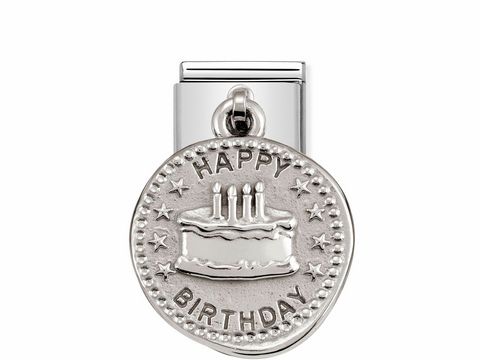 Silberner Charm von Nomination mit einer Torte und der Aufschrift HAPPY BIRTHDAY, umgeben von Sternen, ideal für Geburtstagsgeschenke, Modell CLASSIC Silver Shine Wishes.