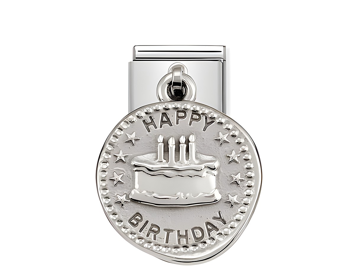 Silberner Charm von Nomination mit einer Torte und der Aufschrift HAPPY BIRTHDAY, umgeben von Sternen, ideal für Geburtstagsgeschenke, Modell CLASSIC Silver Shine Wishes.