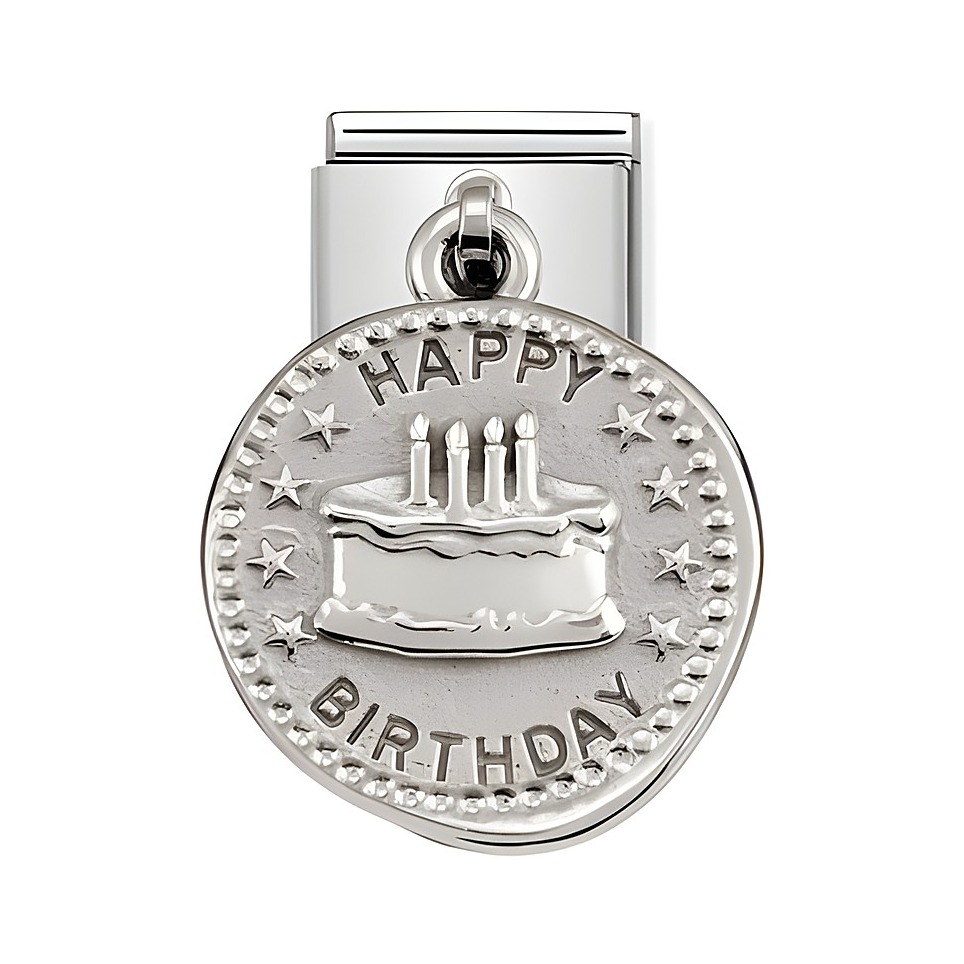 Silberner Charm von Nomination mit einer Torte und der Aufschrift HAPPY BIRTHDAY, umgeben von Sternen, ideal für Geburtstagsgeschenke, Modell CLASSIC Silver Shine Wishes.