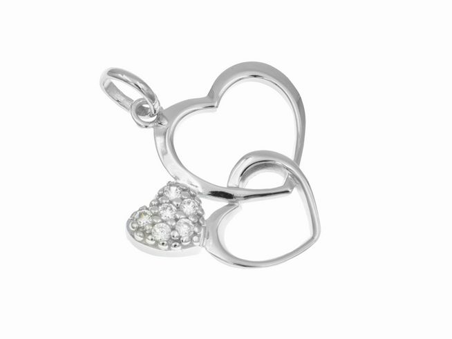 Anhänger Dreifache Liebe aus rhodiniertem Sterling Silber, zweiteilige Herzform mit funkelnden Perlen und Steinen für einen eleganten Look, Hersteller Juwelier Harnisch.