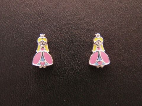 Silber Ohrstecker in Form einer bezaubernden Prinzessin, lackiert in gelb, rosa und blau, ideal für Kinder, Hersteller: Juwelier Harnisch.
