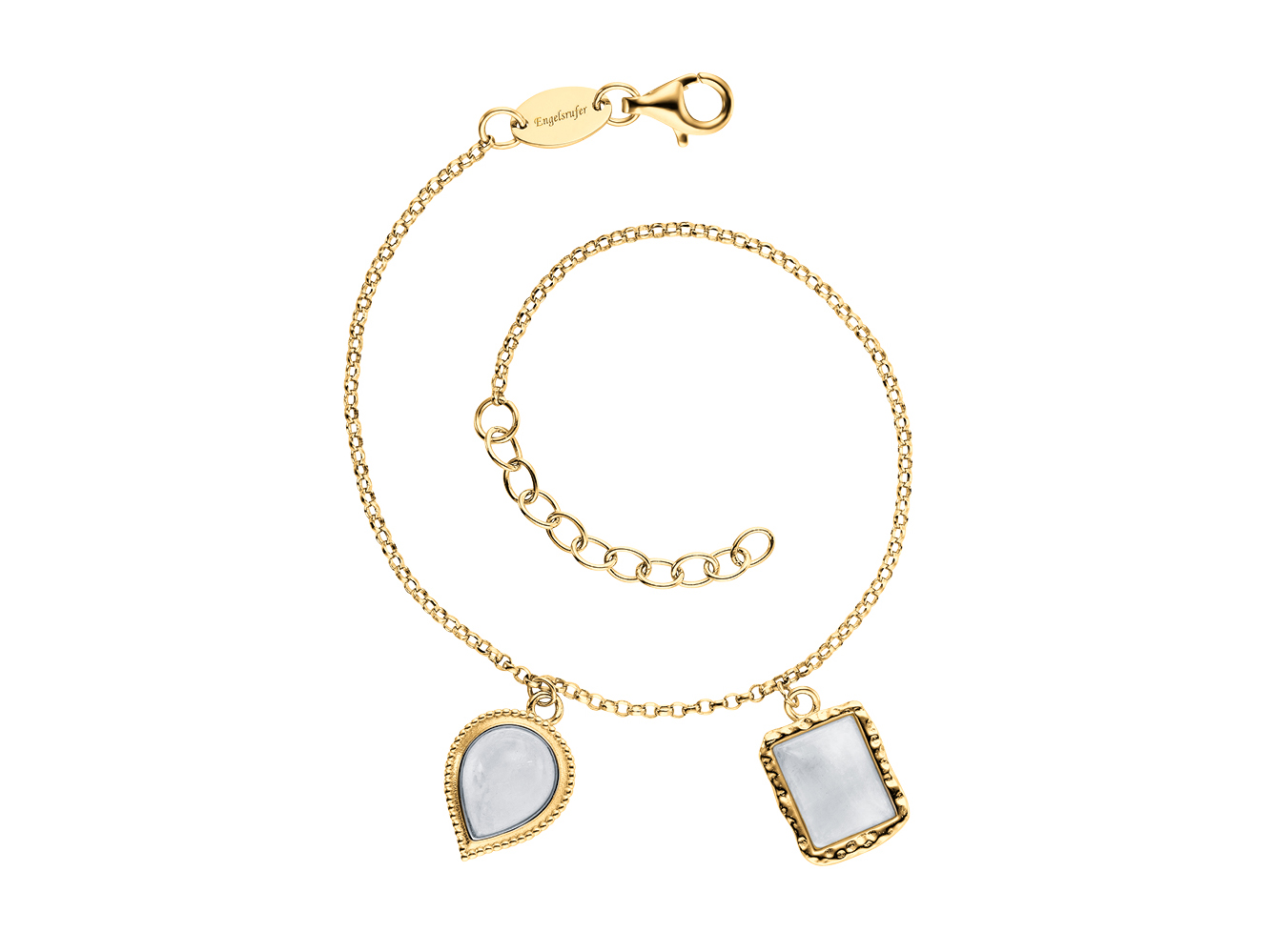Armband aus Platin und gelbgoldveredeltem Silber mit zwei Anhängern aus Mondstein in Tropfen- und Quadratform, gefertigt von Engelsrufer, Länge 17 cm.