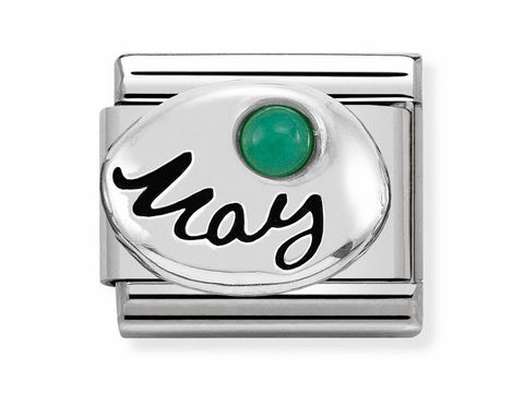 Silbernes Armbandmitglied mit dem Schriftzug Mai und einem grünen Smaragd, passend zu den Monatssteinen und Sternzeichen der Marke Nomination, klassisches Design für jeden Anlass.