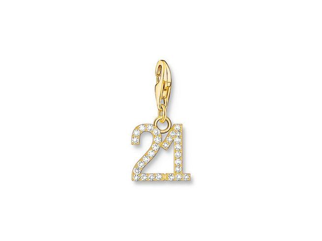 Charm-Anhänger von Thomas Sabo, Zahl 21 in Silber mit vergoldetem Finish und Zirkonia, ideal als modisches Accessoire oder Geschenk.