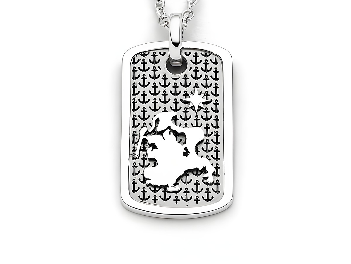 Sterling Silber Anhänger Rügen von DUR präsentiert eine moderne Dogtag-Form mit Ankerdesign und einer silhouettenartigen Darstellung der Insel Rügen, rhodiniert und elegant.
