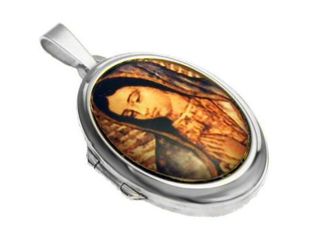 Heilige Maria Medaillon im Cabochon-Stil aus Weißgold 585, hochwertig verarbeitet vom Juwelier Harnisch, mit detailreicher Darstellung der Heiligen Maria auf der Vorderseite.