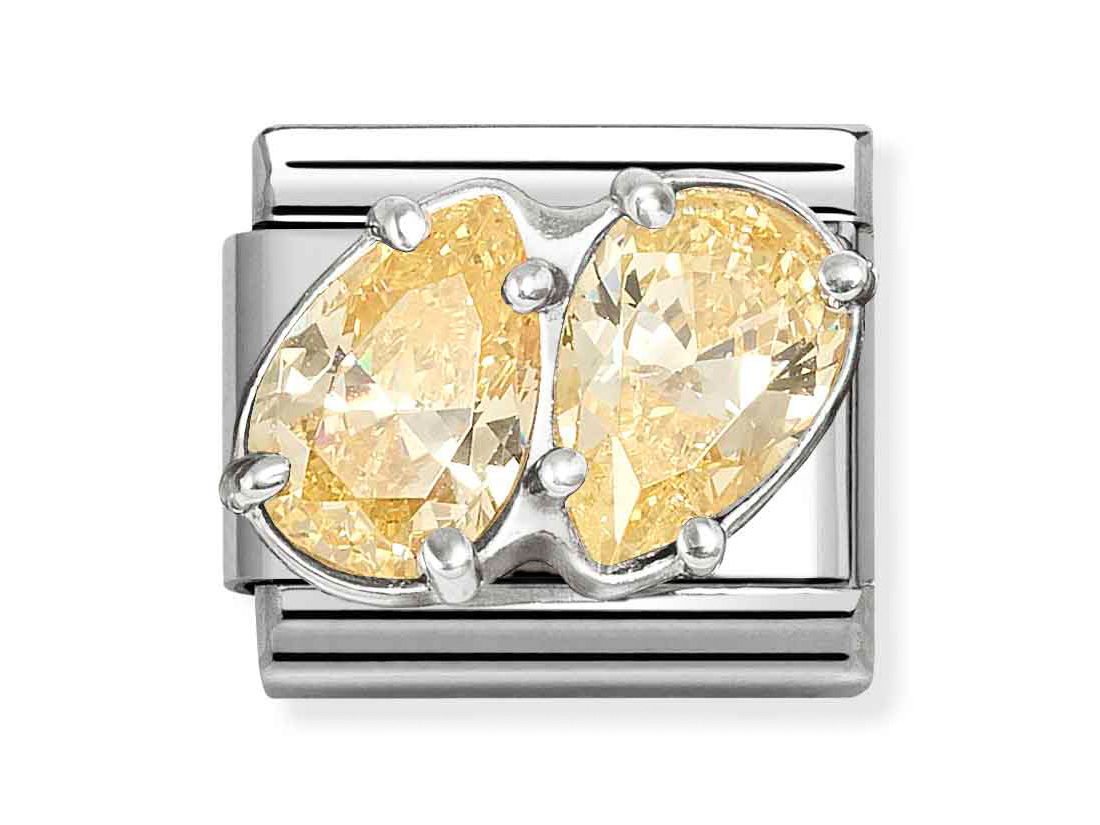 Classic Sterling Silber Charm mit zwei tropfenförmigen, gelben Zirkonia-Steinen, eingefasst in glänzendem Silber, verleiht Eleganz und Stil. Ideal für individuelle Armbänder.