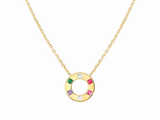 424091120-0 Halskette von Nomination Carismatica aus vergoldetem Gelbgold mit bunten Zirkonia-Steinen, 38 bis 44 cm verstellbar, zarter Schmuck mit modernem Design.