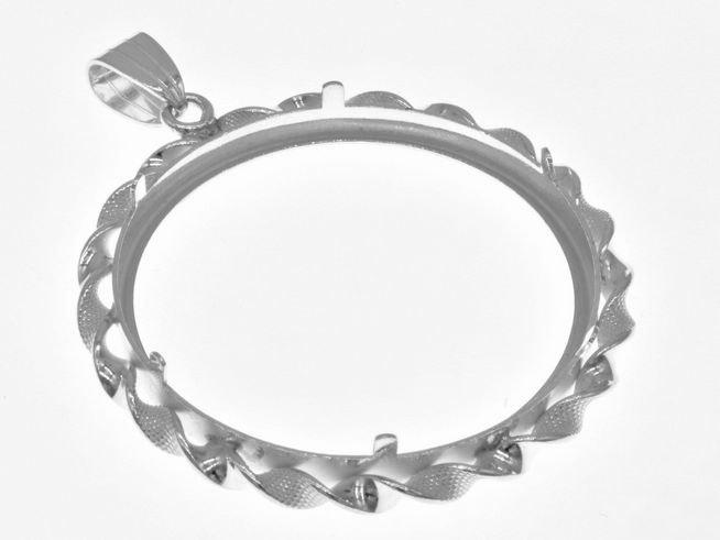 Münzfassung Anhänger aus 925 Sterling Silber mit Kordel-Design, geeignet für Münzen bis 4,0 cm Durchmesser, Hersteller Juwelier Harnisch, maximaler Münzendurchmesser 36,2 mm.