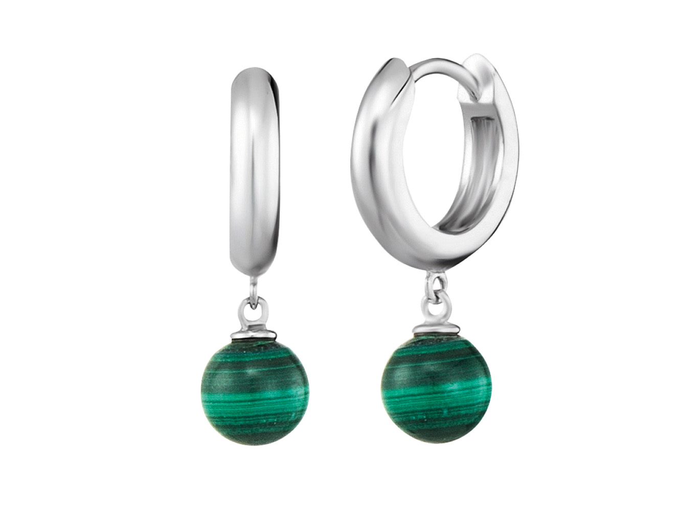Ohrringe aus Silber mit rhodinierten Elementen und einem hängenden Malachit-Stein in Grün, schick und elegant, perfekt für jeden Anlass.