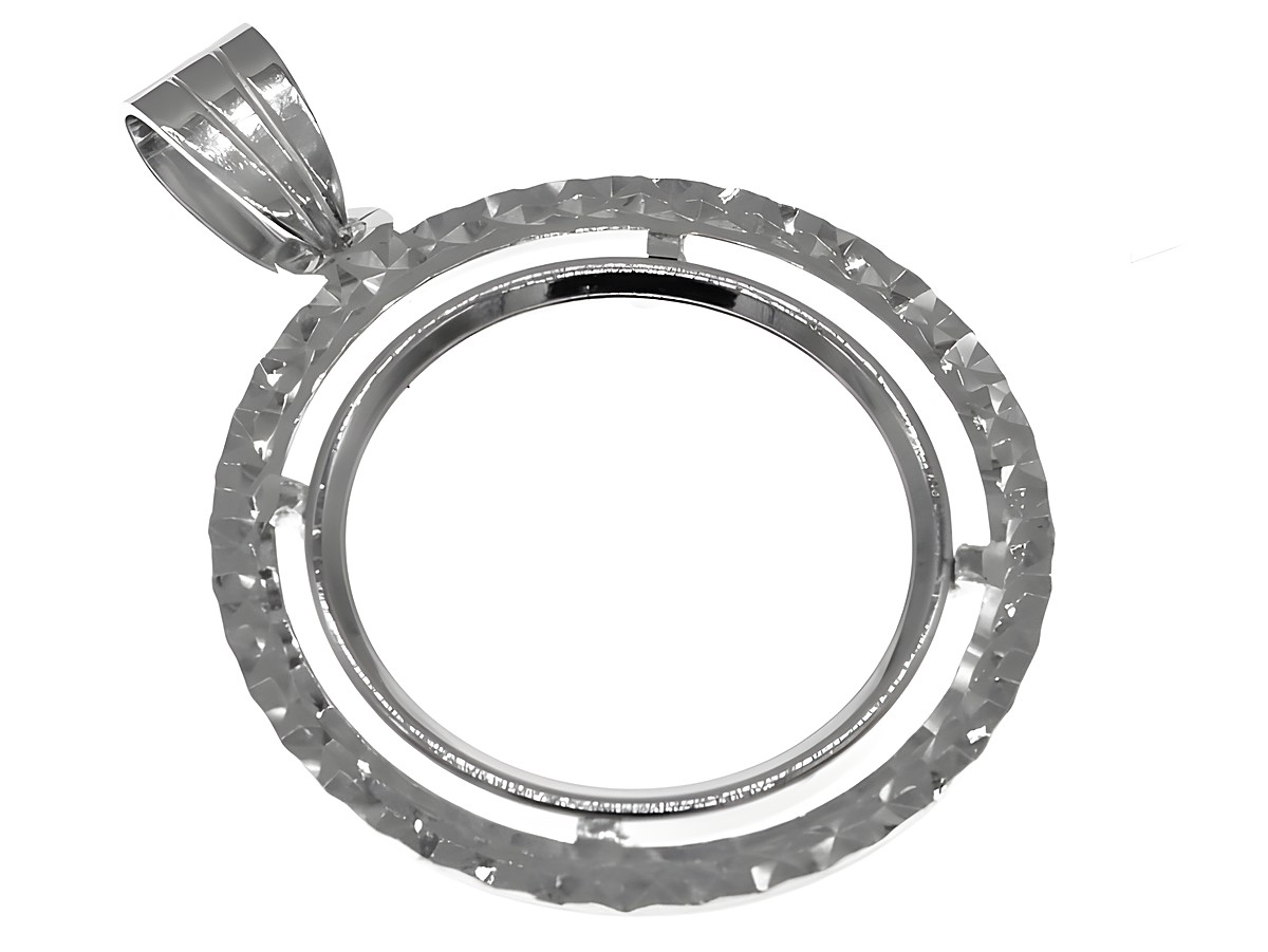 Münzfassung Anhänger aus 925 Sterling Silber, rhodiniert, mit diamantierter Oberfläche, geeignet für Münzen bis 20 mm Durchmesser, vom Hersteller Juwelier Harnisch.