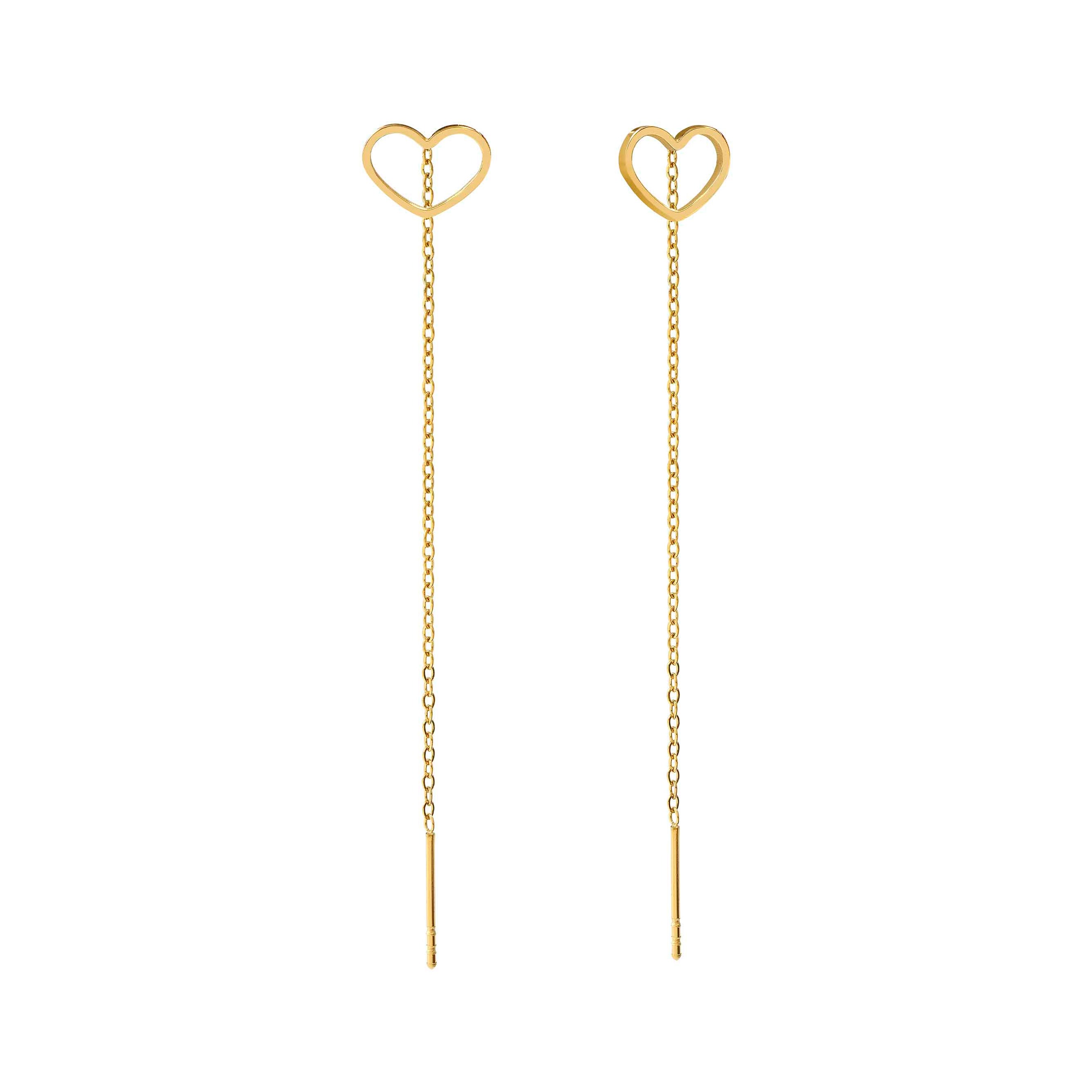 Ohrringe aus gold PVD-beschichtetem Metall in Herzform mit einer langen Kette, elegant und modern, ideal für besondere Anlässe oder den Alltag, Hersteller ist Nomination.