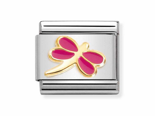 Modularer Schmuckanhänger aus Edelstahl mit emaillierter Libelle in Magenta und goldenen Akzenten, perfekt für einen eleganten Look im Schmuckdesign von Nomination.