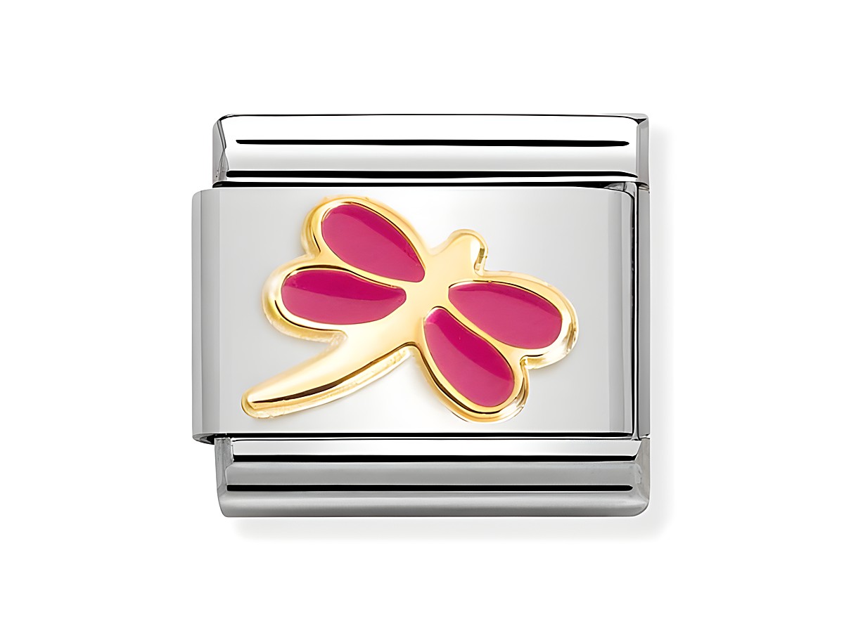 Modularer Schmuckanhänger aus Edelstahl mit emaillierter Libelle in Magenta und goldenen Akzenten, perfekt für einen eleganten Look im Schmuckdesign von Nomination.