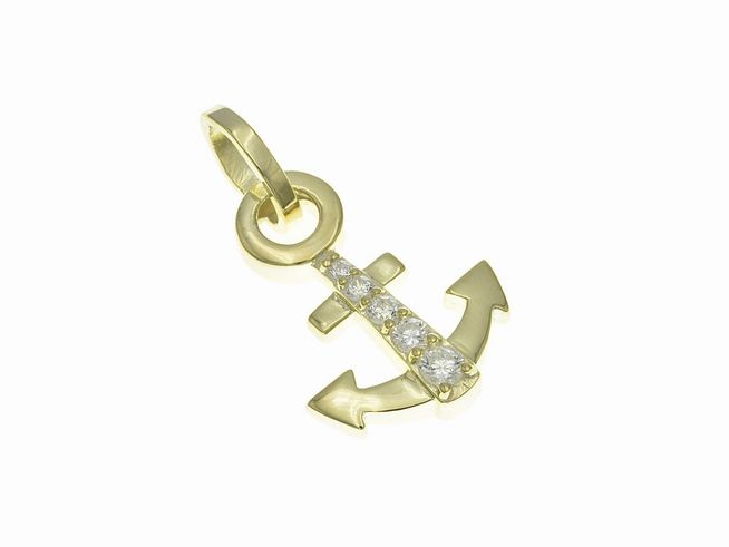 Anhänger aus poliertem Sterling Silber in Ankerform, vergoldet mit Gelbgold und Zirkonia, vom Hersteller Juwelier Harnisch, ideal für maritime und seefahrtsbegeisterte Schmuckliebhaber.