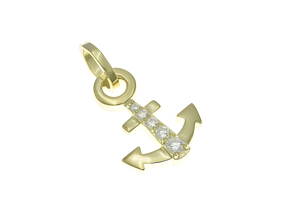 Anhänger aus poliertem Sterling Silber in Ankerform, vergoldet mit Gelbgold und Zirkonia, vom Hersteller Juwelier Harnisch, ideal für maritime und seefahrtsbegeisterte Schmuckliebhaber.