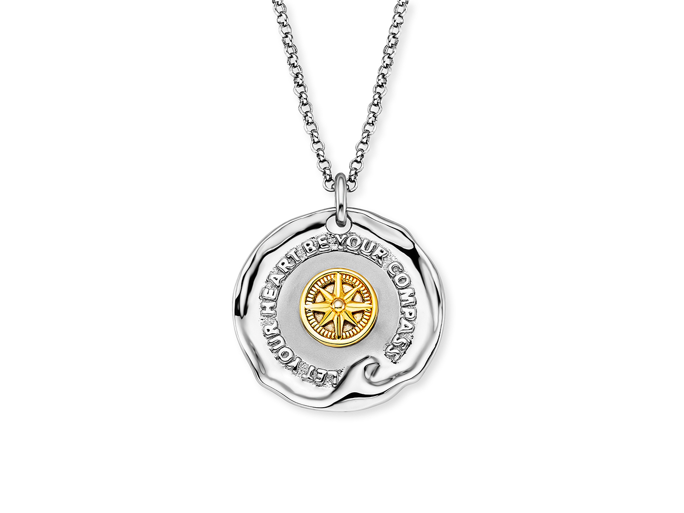 Bicolor Kette von Engelsrufer mit einem 21 mm großen Anhänger aus Gelbgold vergoldetem Silber, geprägt mit einem inspirierenden Spruch und Kompass-Motiv, 42 cm lang.