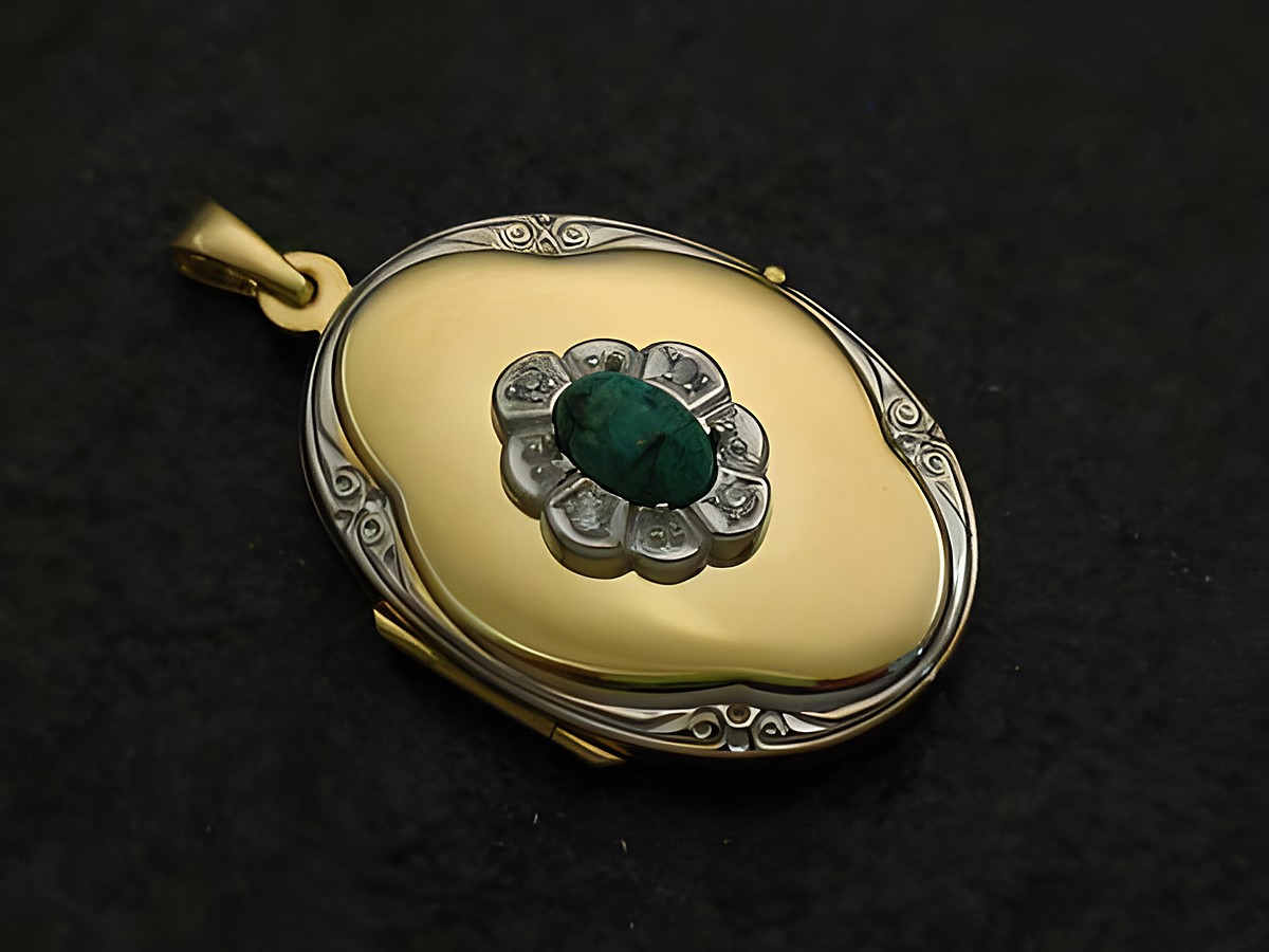 Chrysokoll grün Medaillon Cabochon Gold 333 bicolor mit brillanten, Hersteller Juwelier Harnisch, Gelbgold 333, elegantes Design, ideal für besondere Anlässe.