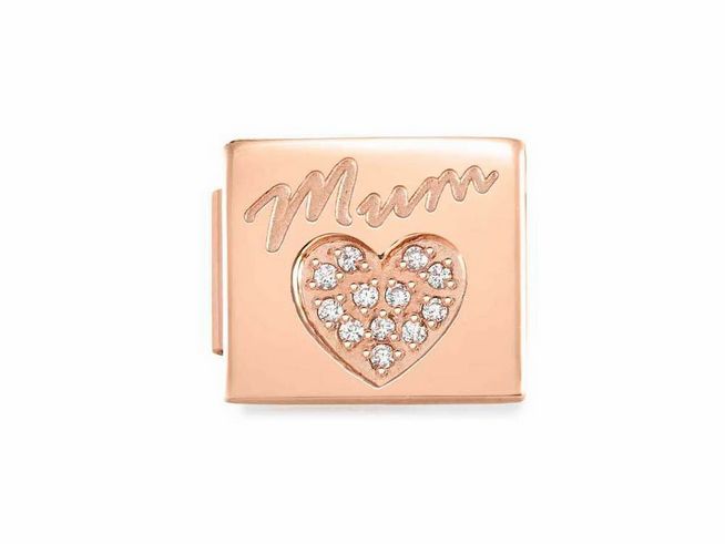 Charms aus Edelstahl mit Roségold PVD-Beschichtung, gefüllt mit Zirkonia. Auf dem Charm prangt das Wort Mum und ein Herz. Ideal als Geschenk für Mütter.