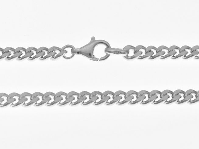 Silberkette aus rhodiniertem Sterling Silber in Panzerketten-Design, 5,5 x 2,5 mm, Länge 45 cm, Hersteller Juwelier Harnisch, Stärke ab 2,2 mm, mit Karabinerverschluss.