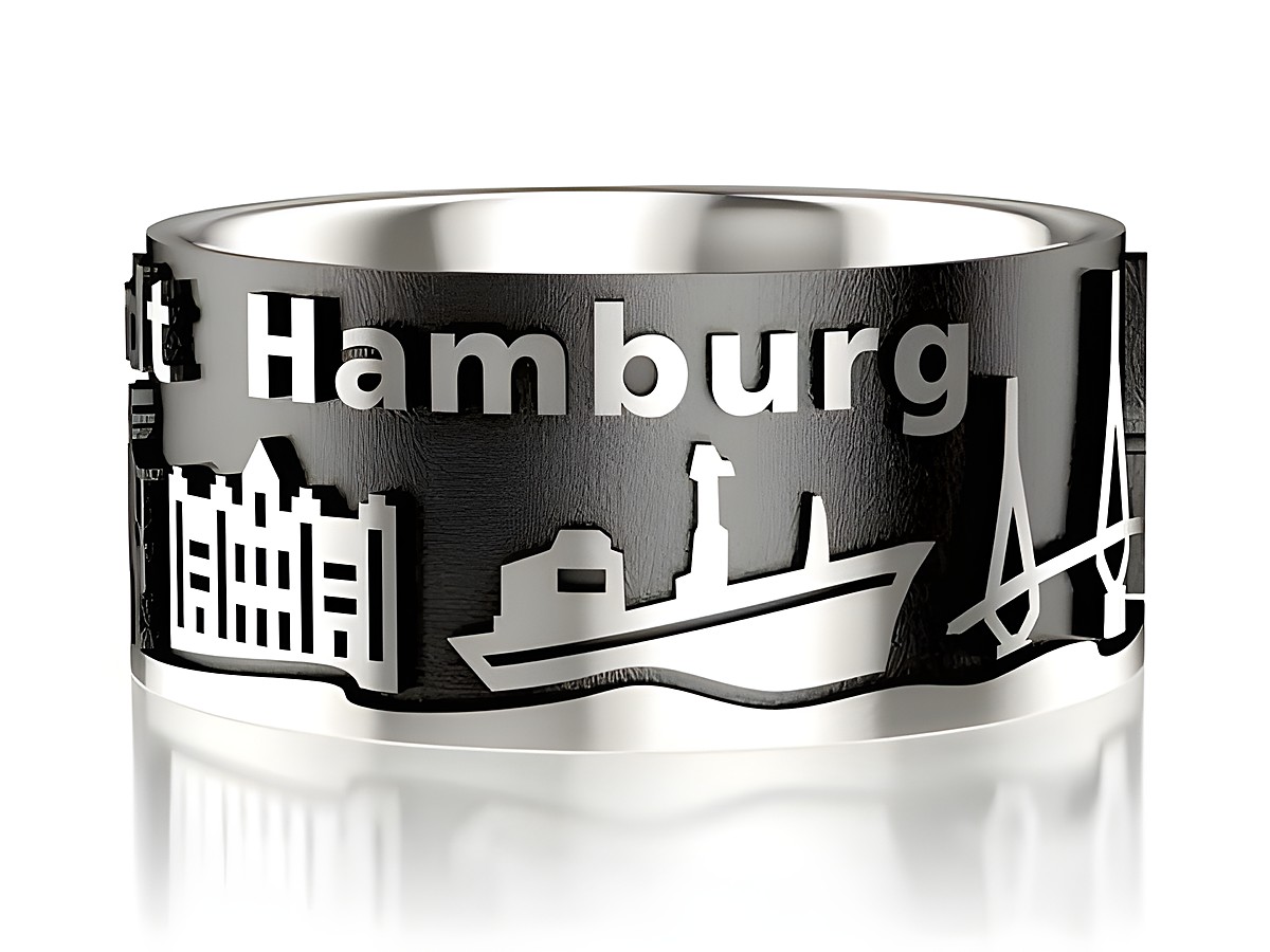 Hamburg Ring aus 925 Sterling Silber, geschwärzt, 10 mm breit, Größe 50, mit eingravierten Motiven der Stadt Hamburg, Hersteller Juwelier Harnisch.