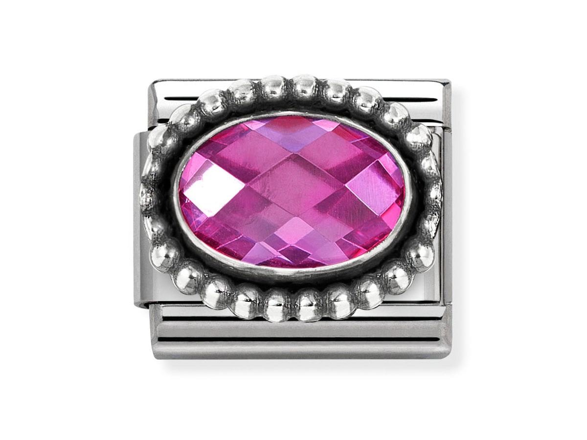 Ovaler Zirkonia in Fuchsia, umgeben von einer silbernen Kugel-Rahmen, in einem klassischen Design von Nomination mit einem eleganten Metallband. Ideal für Schmuckliebhaber.