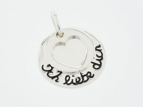Rund mit Herzchen Silber Gravurplatte mit der Aufschrift Ich liebe dich, aus Lack, Hersteller Juwelier Harnisch, mit geschwungenem Motiv für romantische Anlässe.