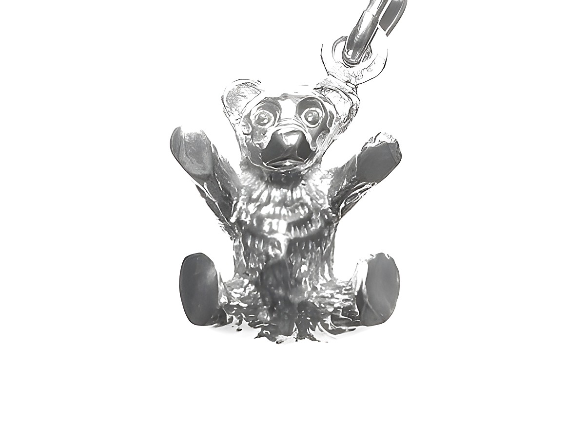 Eisbär Teddy Bär massiv aus rhodiniertem Sterling Silber, fröhlich sitzend mit ausgestreckten Armen, hergestellt von Juwelier Harnisch, ideal für Tierliebhaber und Schmuckliebhaber.
