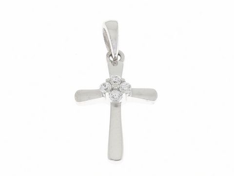 Silber rhodinierter Anhänger in Kreuzform mit funkelnden Zirkonia-Steinen, Hersteller Juwelier Harnisch, ideal als eleganter Schmuck oder symbolisches Geschenk.